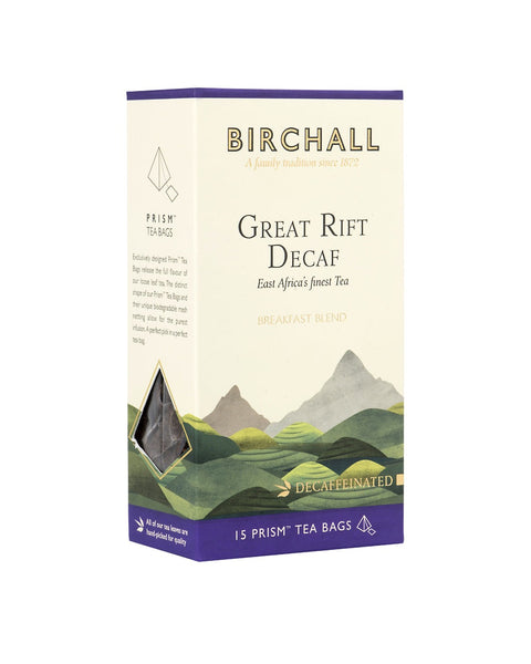 Side view of cardboard box of 15 Birchall Great Rift Decaf prism tea bags. Green hill graphics with purple band, East Africa’s finest tea, breakfast blend. Decaffeinated.