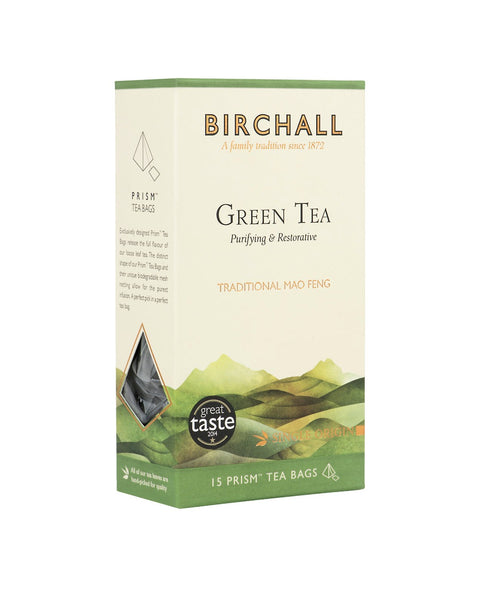 Side view of cardboard box of 15 Birchall Green Tea prism tea bags. Green hill graphics with green band, Purifying & restorative, traditional Mao Feng. Great Taste winner 2014.