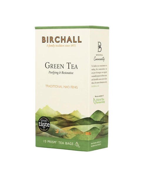 Right side view of cardboard box of 15 Birchall Green Tea prism tea bags. Green hill graphics with green band, Purifying & restorative, traditional Mao Feng. Great Taste winner 2014.