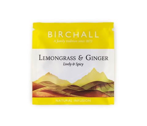 A single yellow enveloped tea bag of Birchall Lemongrass & Ginger. Lively & spicy. Natural Infusion