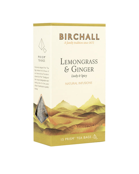 Side view of cardboard box of 15 Birchall Lemongrass & Ginger prism tea bags. Yellow hill graphics with yellow band, lively & spicy, natural infusion. Caffeine free.