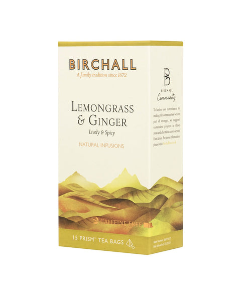 Right side view of cardboard box of 15 Birchall Lemongrass & Ginger prism tea bags. Yellow hill graphics with yellow band, lively & spicy, natural infusion. Caffeine free.