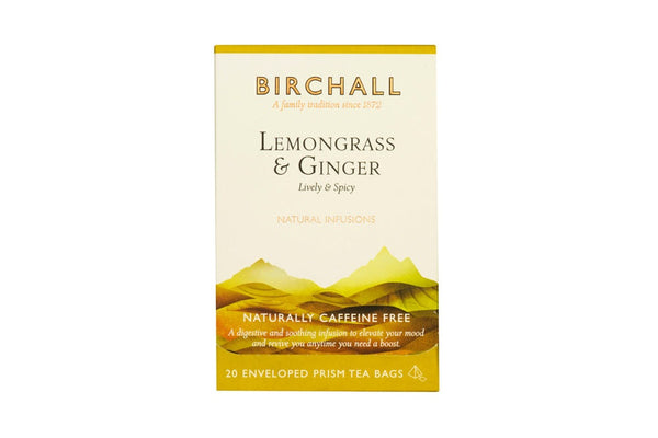 Front view of cardboard box of 20 Birchall Lemongrass & Ginger enveloped prism tea bags. Lively & spicy. Natural Infusion. Caffeine Free