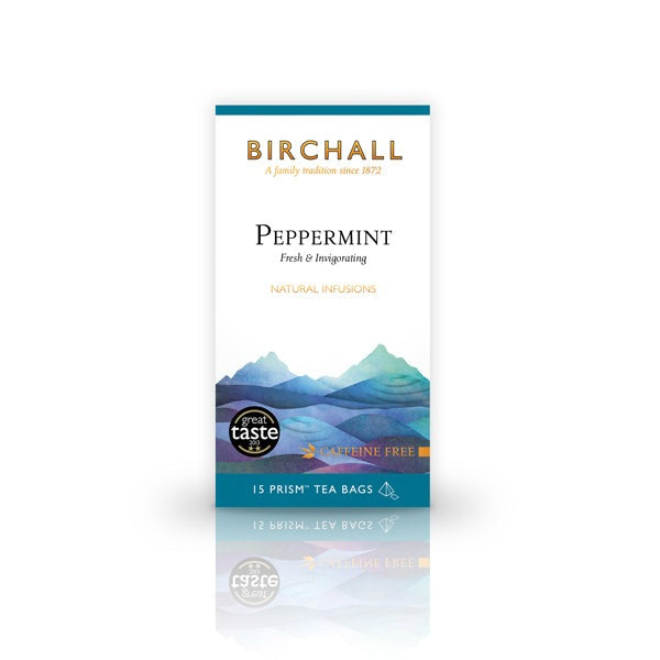 Front view of cardboard box of 15 Birchall Peppermint prism tea bags. Blue hill graphics with blue band, fresh & invigorating, natural infusion. Caffeine free. Great Taste winner 2013