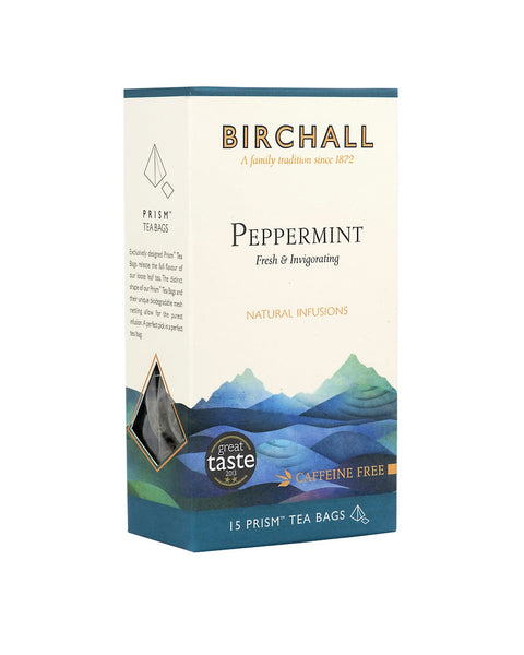 Side view of cardboard box of 15 Birchall Peppermint prism tea bags. Blue hill graphics with blue band, fresh & invigorating, natural infusion. Caffeine free. Great Taste winner 2013