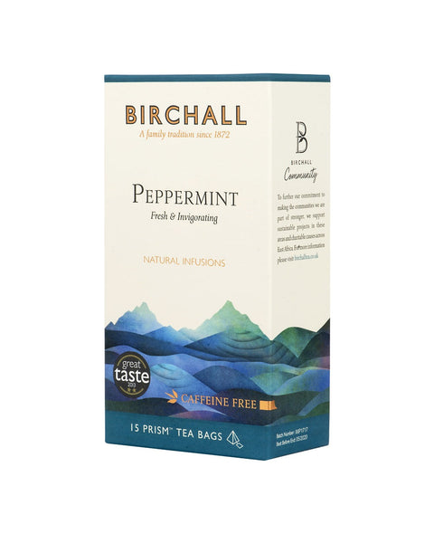 Right side view of cardboard box of 15 Birchall Peppermint prism tea bags. Blue hill graphics with blue band, fresh & invigorating, natural infusion. Caffeine free. Great Taste winner 2013