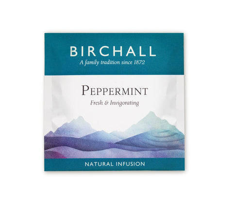 A single blue enveloped tea bag of Birchall Peppermint. Fresh & invigorating. Natural Infusion