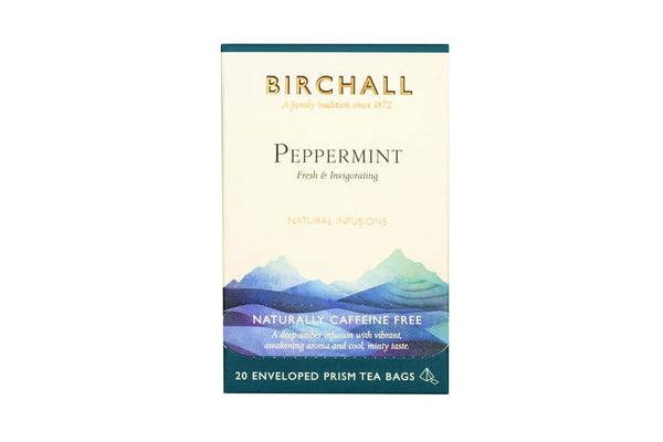 Front view of cardboard box of 20 Birchall Peppermint enveloped prism tea bags. Fresh & invigorating. Natural Infusion. Caffeine Free