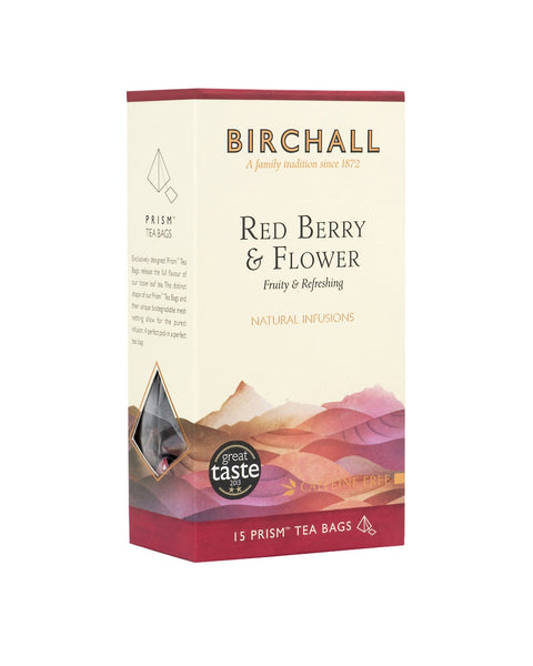 Side view of cardboard box of 15 Birchall Red Berry & Flower prism tea bags. Red hill graphics with red band, fruity & refreshing, natural infusion. Caffeine free. Great Taste winner 2013