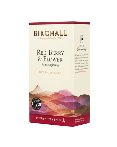Right side view of cardboard box of 15 Birchall Red Berry & Flower prism tea bags. Red hill graphics with red band, fruity & refreshing, natural infusion. Caffeine free. Great Taste winner 2013