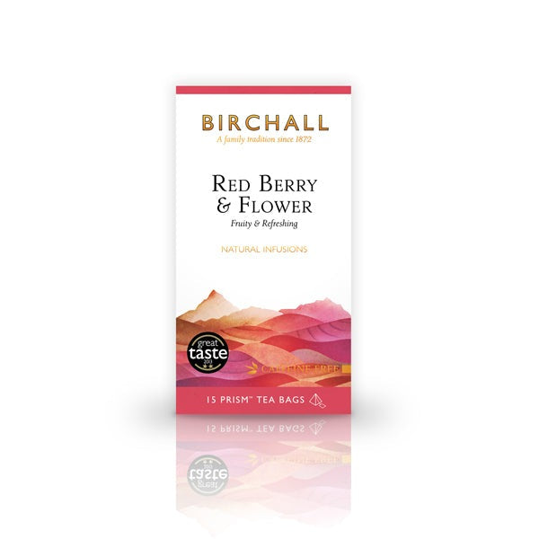 Front view of cardboard box of 15 Birchall Red Berry & Flower prism tea bags. Red hill graphics with red band, fruity & refreshing, natural infusion. Caffeine free. Great Taste winner 2013