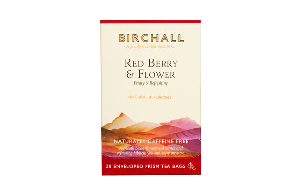Front view of cardboard box of 20 Birchall Red Berry & Flower enveloped prism tea bags. Fruity & Refreshing. Natural Infusion. Caffeine Free