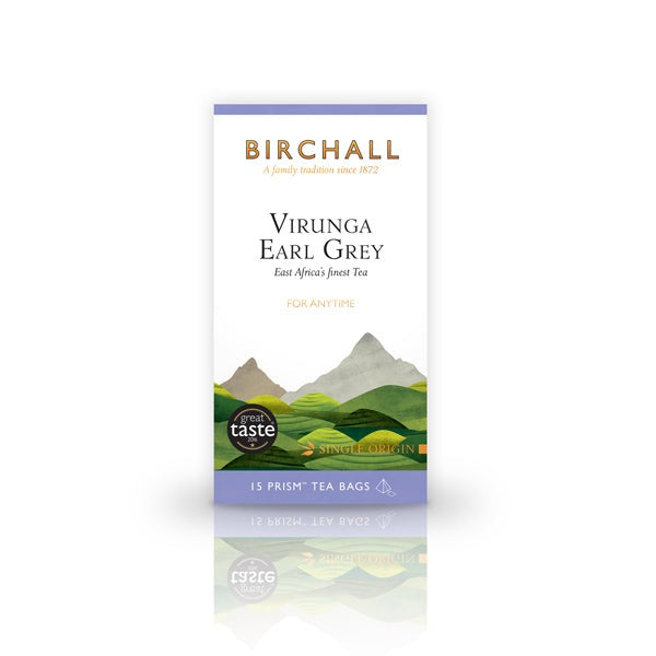 Front view of cardboard box of 15 Birchall Virunga Earl Grey prism tea bags. Green hill graphics with lilac band, East Africa’s finest single estate tea, for anytime. Great Taste winner 2016