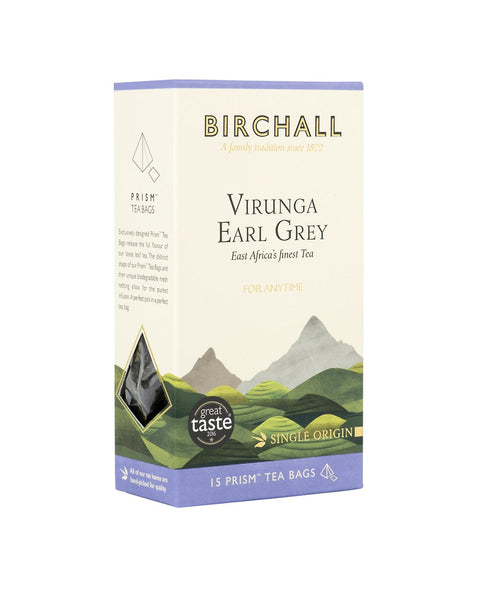 Side view of cardboard box of 15 Birchall Virunga Earl Grey prism tea bags. Green hill graphics with lilac band, East Africa’s finest single estate tea, for anytime. Great Taste winner 2016