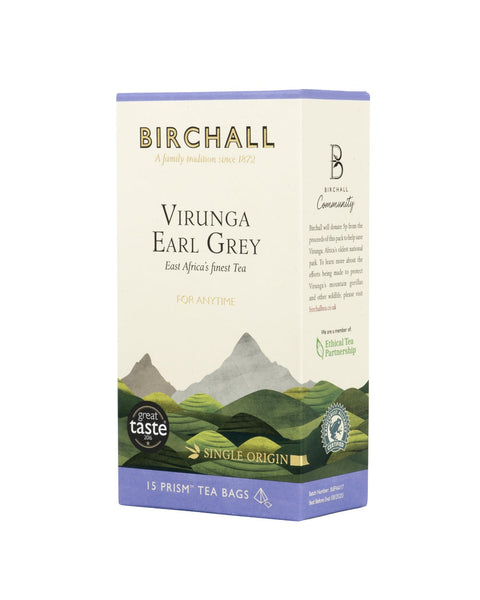 Right side view of cardboard box of 15 Birchall Virunga Earl Grey prism tea bags. Green hill graphics with lilac band, East Africa’s finest single estate tea, for anytime. Great Taste winner 2016