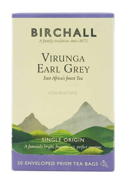 Front view of cardboard box of 20 Birchall Earl Grey.  East Africa’s finest single estate scented tea for anytime.