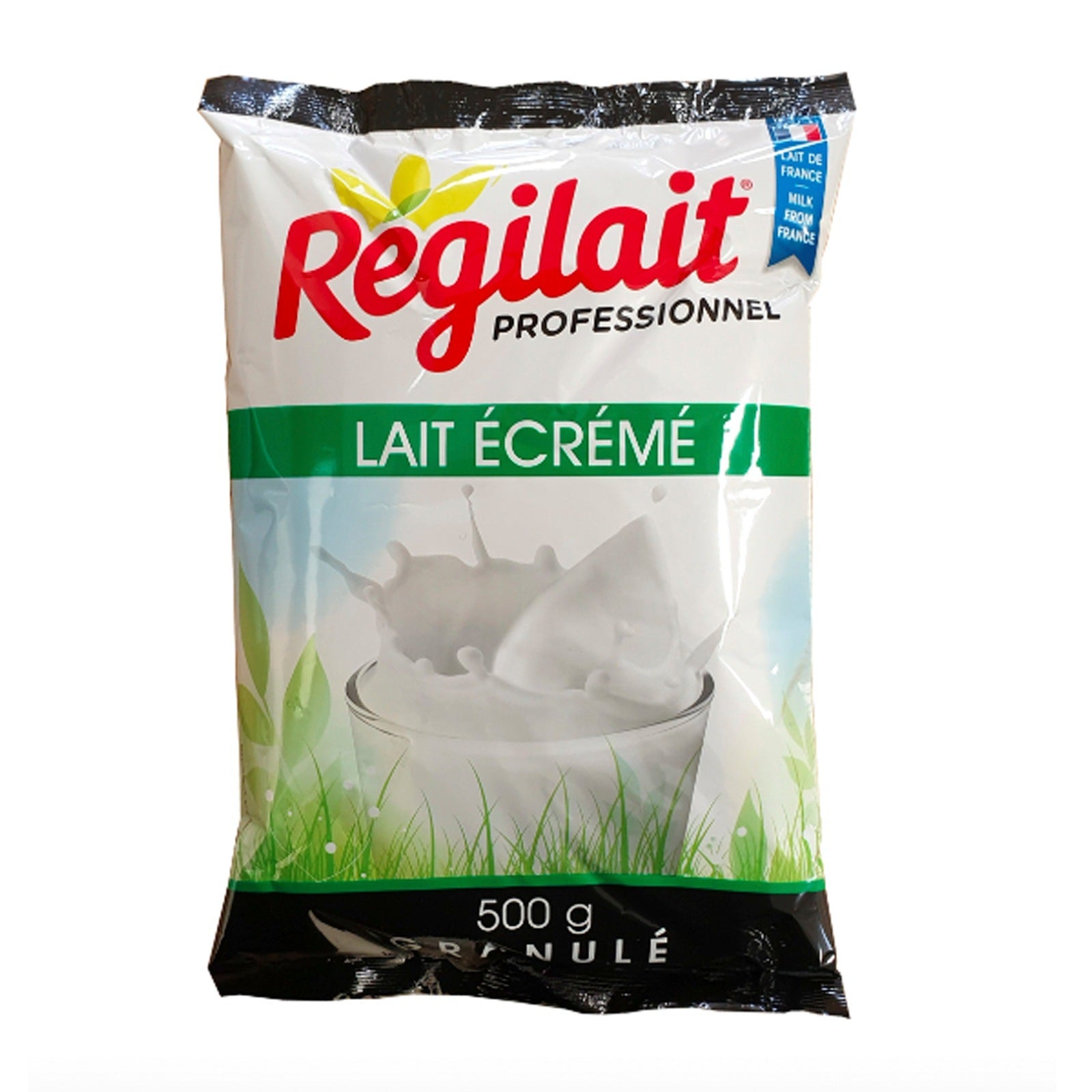 A single packet of Regilait professional whitener. 500g Granulated instant milk powder. LAit Ecreme